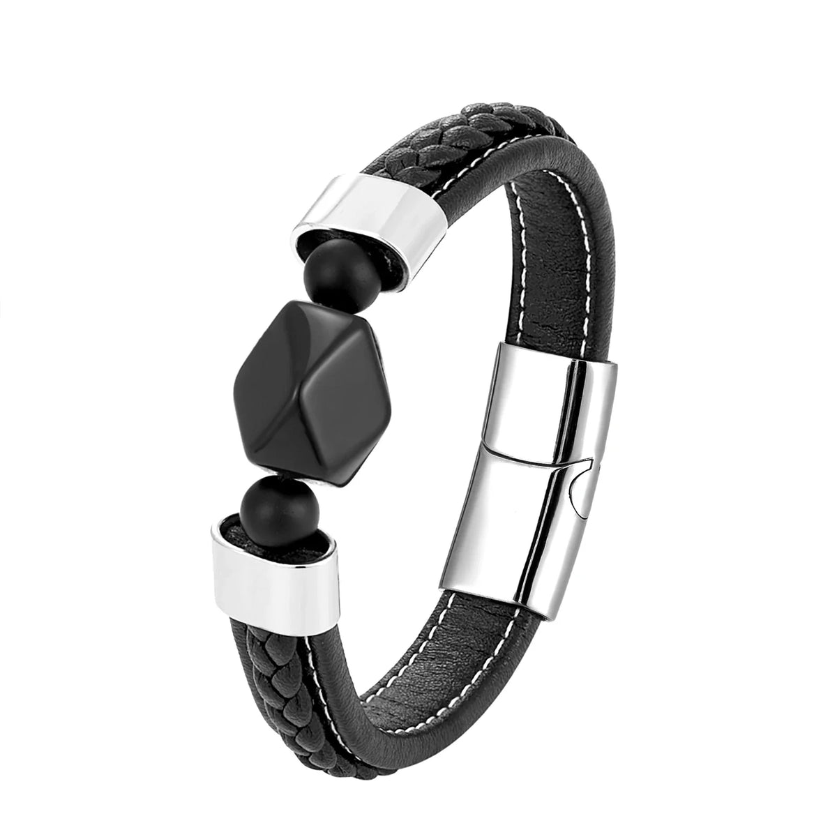 Pulseira Elegante Onix em Couro e Aço Inoxidável