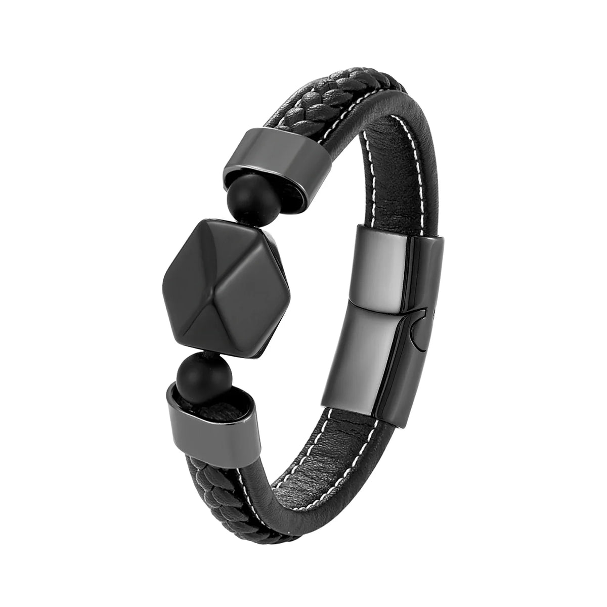 Pulseira Elegante Onix em Couro e Aço Inoxidável