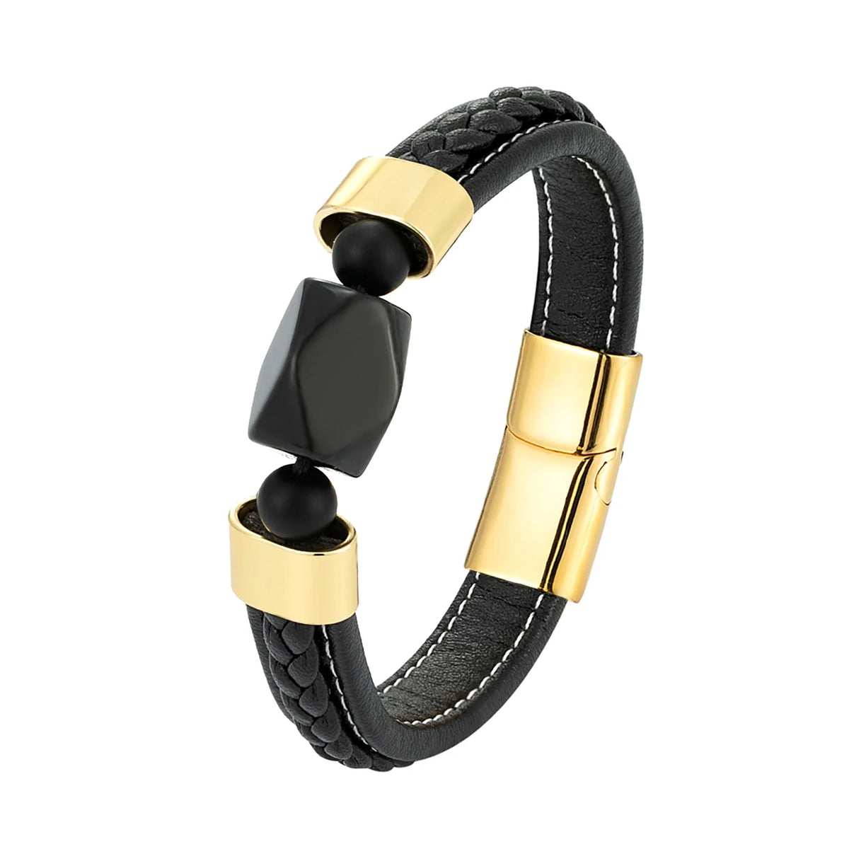 Pulseira Elegante Onix em Couro e Aço Inoxidável